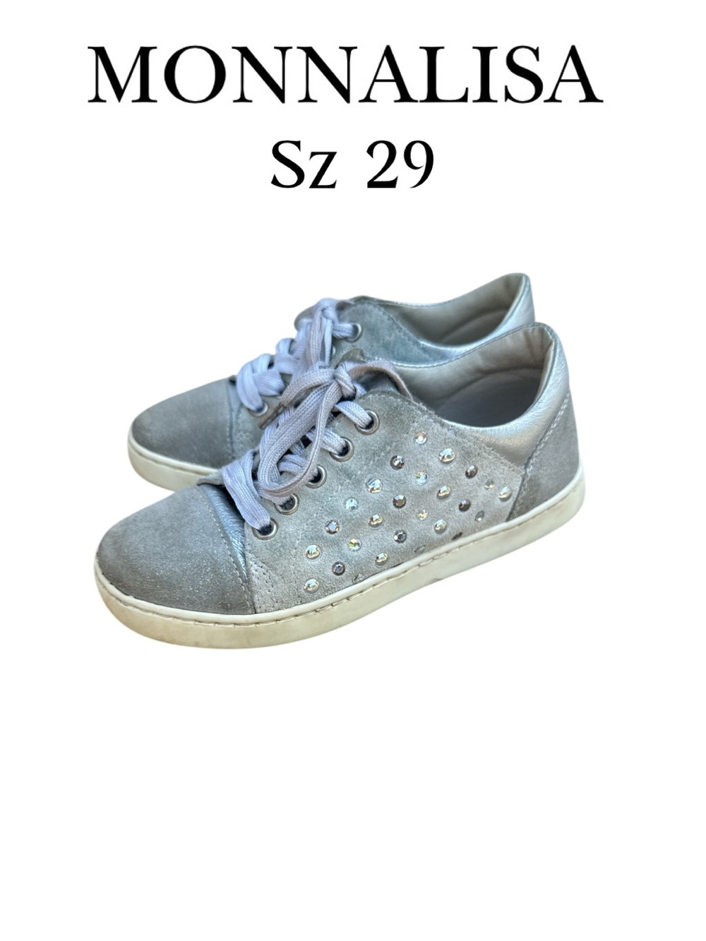 Monnalisa Girls Silver Suede & Leather Rhinestone Low-Top Sneakers - Size EU 29